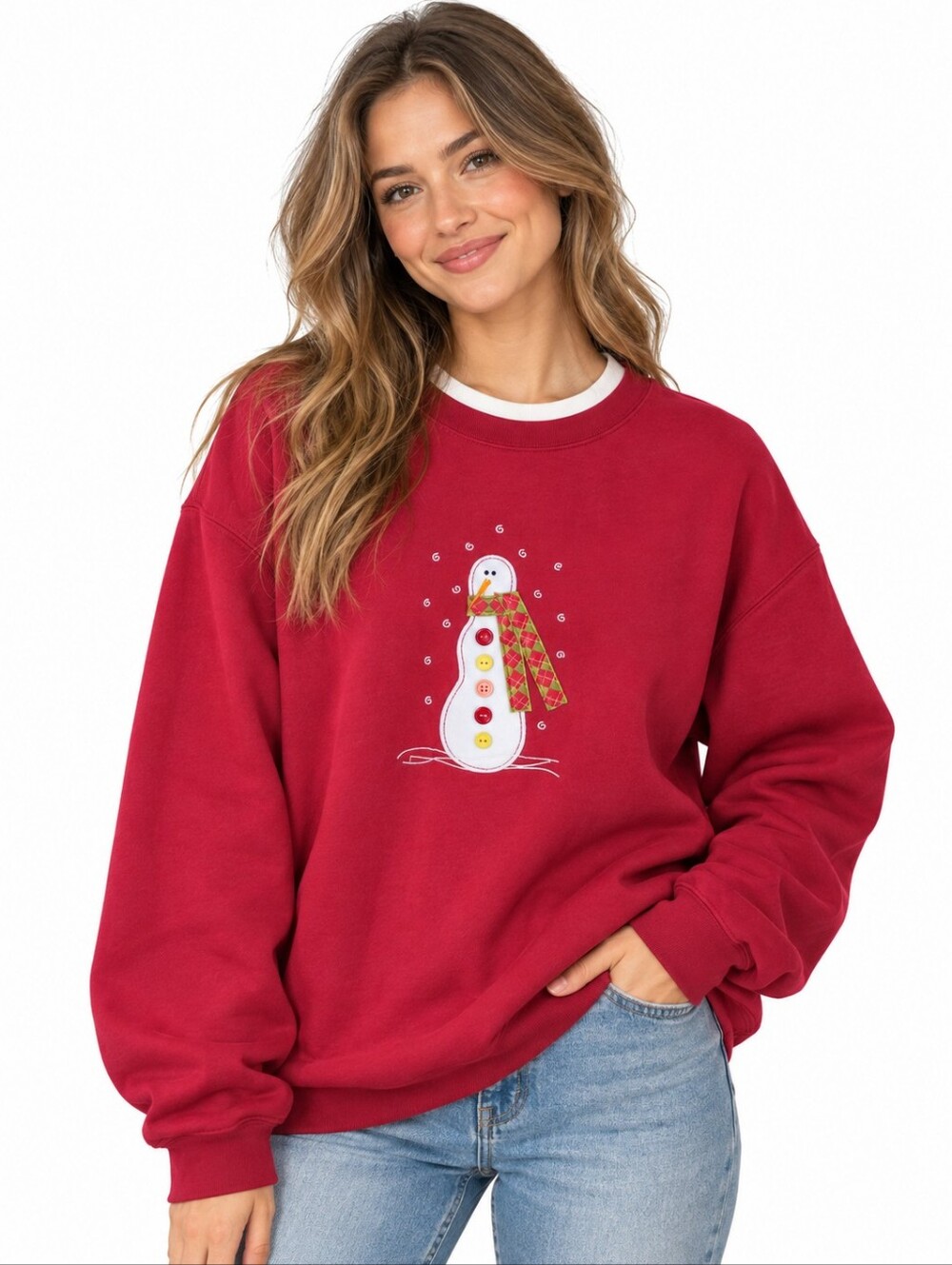 MC Sportswear Snowman Christmas Sweatshirt Large Red Holiday Pullover